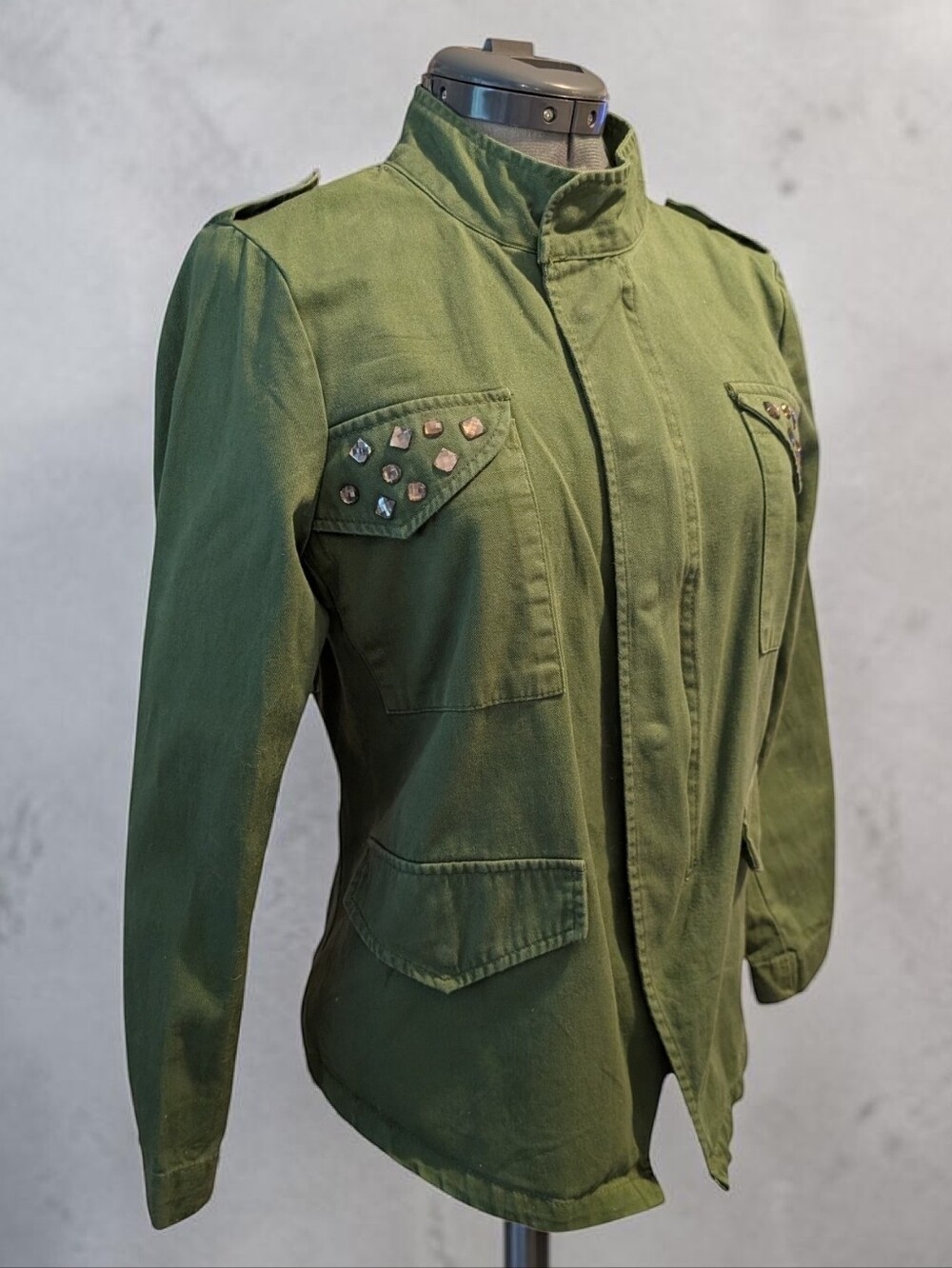 Bongo Y2K Cotton Army Green Jacket rhinstone Details Women's L
